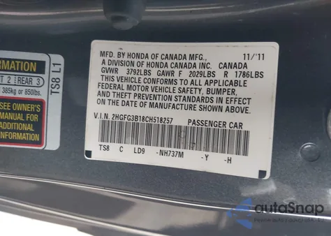 2012 Honda Civic Ex-L from USA, damaged, VIN 2HGFG3B18CH518257